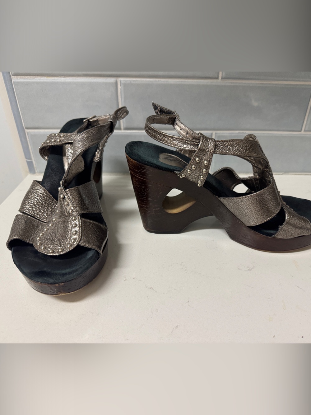 Studded Metallic Wedge Sandals in Pewter